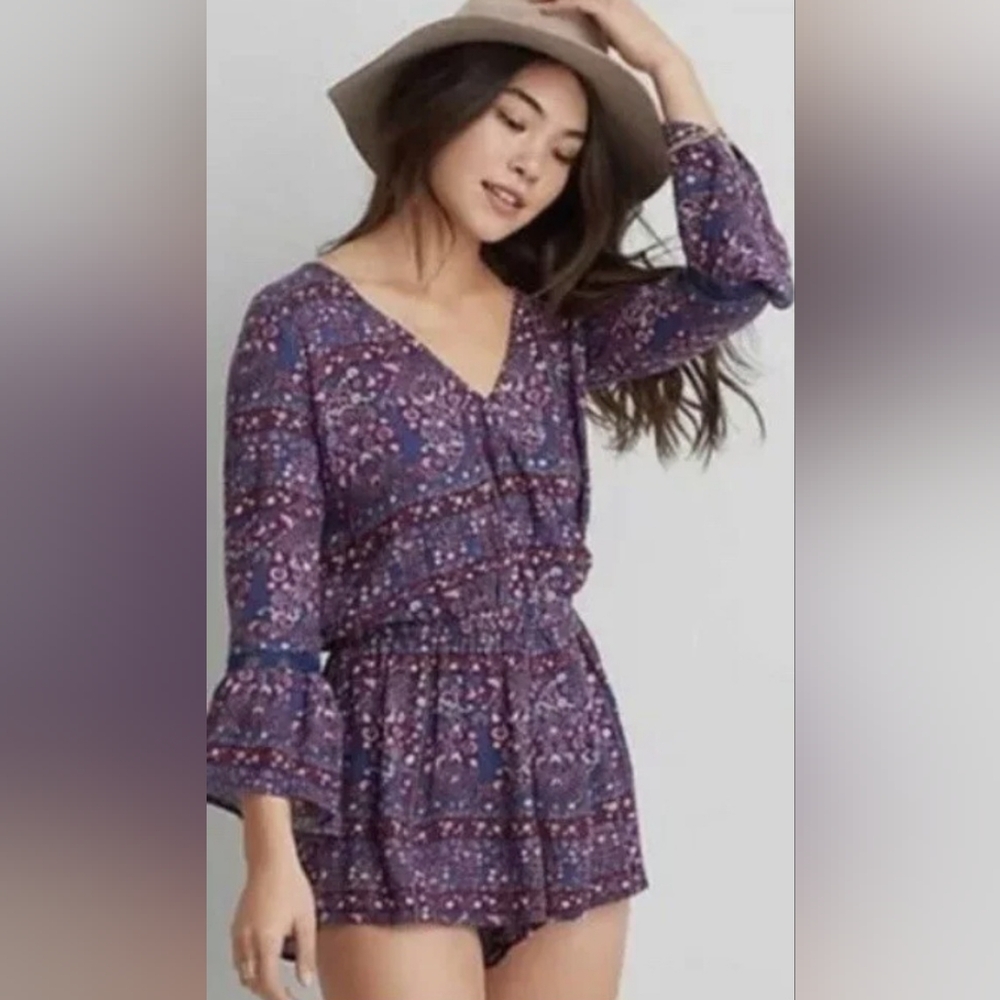 American Eagle Outfitters Purple Pink Long Sleeve Wrap Boho Romper Size XS